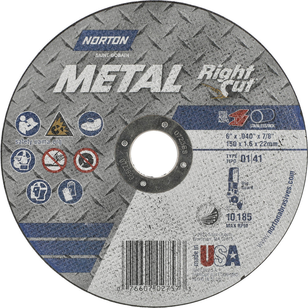 Norton 07660702757 Cutoff Wheel Type 1 (01/41), 6" Dia, 0.0400" Thick, 7/8" Hole, Aluminum Oxide