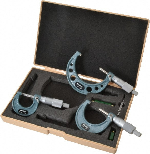 Mitutoyo 103-929 Mechanical Outside Micrometer Set 3 Pc, 0 to 3" Measurement, .001" Graduation