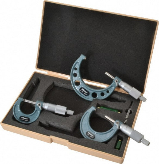 Mitutoyo 103-929 Mechanical Outside Micrometer Set 3 Pc, 0 to 3" Measurement, .001" Graduation