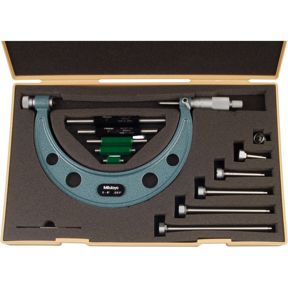 Mitutoyo 104-137 Mechanical Interchangeable Anvil Micrometer 6" Range, 6 Anvils