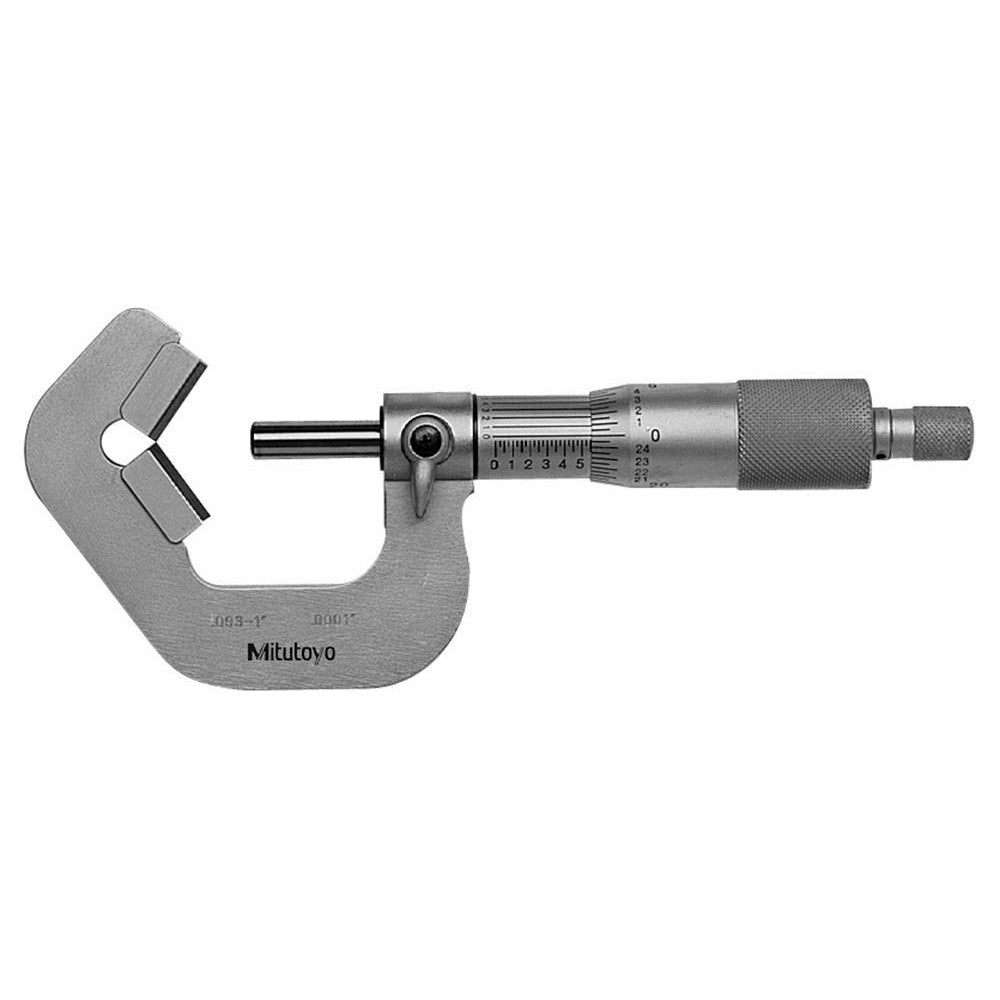 Mitutoyo 114-135 0.09 to 1 Inch Measurement, 0.0001 Inch Graduation, Accuracy Up to 0.0002 Inch, 5 Flutes Measured, Ratchet Stop Thimble, Mechanical V Anvil Micrometer