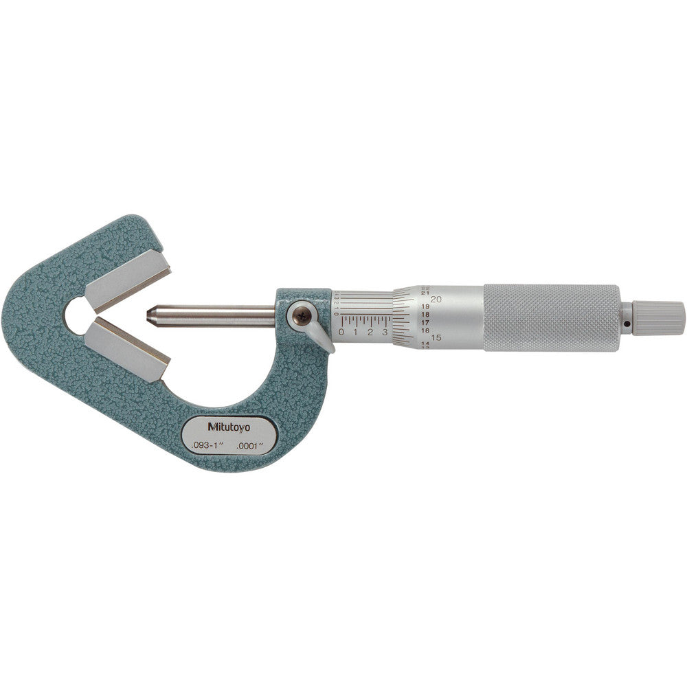 Mitutoyo 114-202 0.09 to 1 Inch Measurement, 0.0001 Inch Graduation, Accuracy Up to 0.0002 Inch, 3 Flutes Measured, Ratchet Stop Thimble, Mechanical V Anvil Micrometer