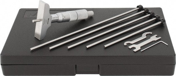 Mitutoyo 129-128 Mechanical Depth Micrometer 6'' Range, 6 Rods, Satin Chrome Finish