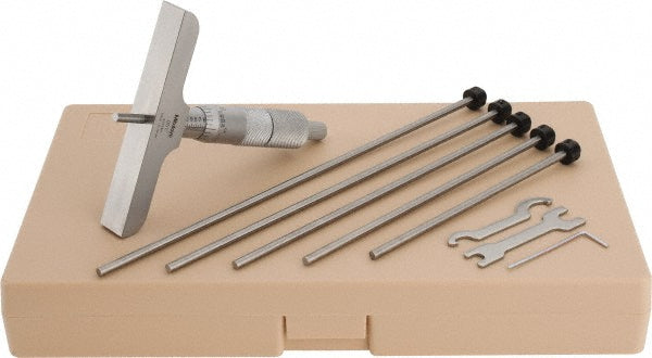 Mitutoyo 129-132 Mechanical Depth Micrometer 6'' Range, 6 Rods, Satin Chrome Finish