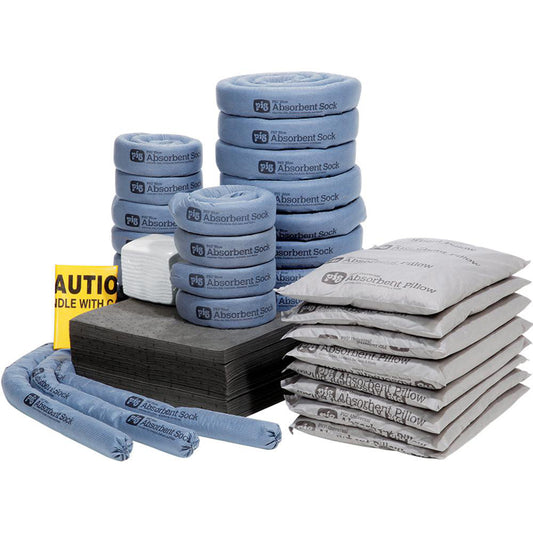 New Pig KITR202 Spill Kits Kit Type Universal Spill Kit Container Type None Absorption Capacity 60 gal Capacity per Kit (Gal.) 60 gal Includes 60 - 15" W X 20" L Pig Absorbent Mat Pad 1 - Instructions 10 - Ext. Dia. 3" X 10' L Pig Blue Absorbent Sock 56 - 11