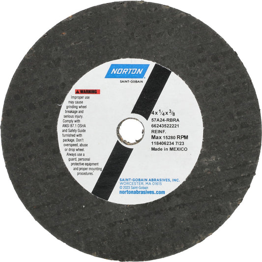 Norton 66243522221 Surface Grinding Wheel 4" Dia, 1/4" Thick, 3/8" Hole, 24 Grit, R Hardness