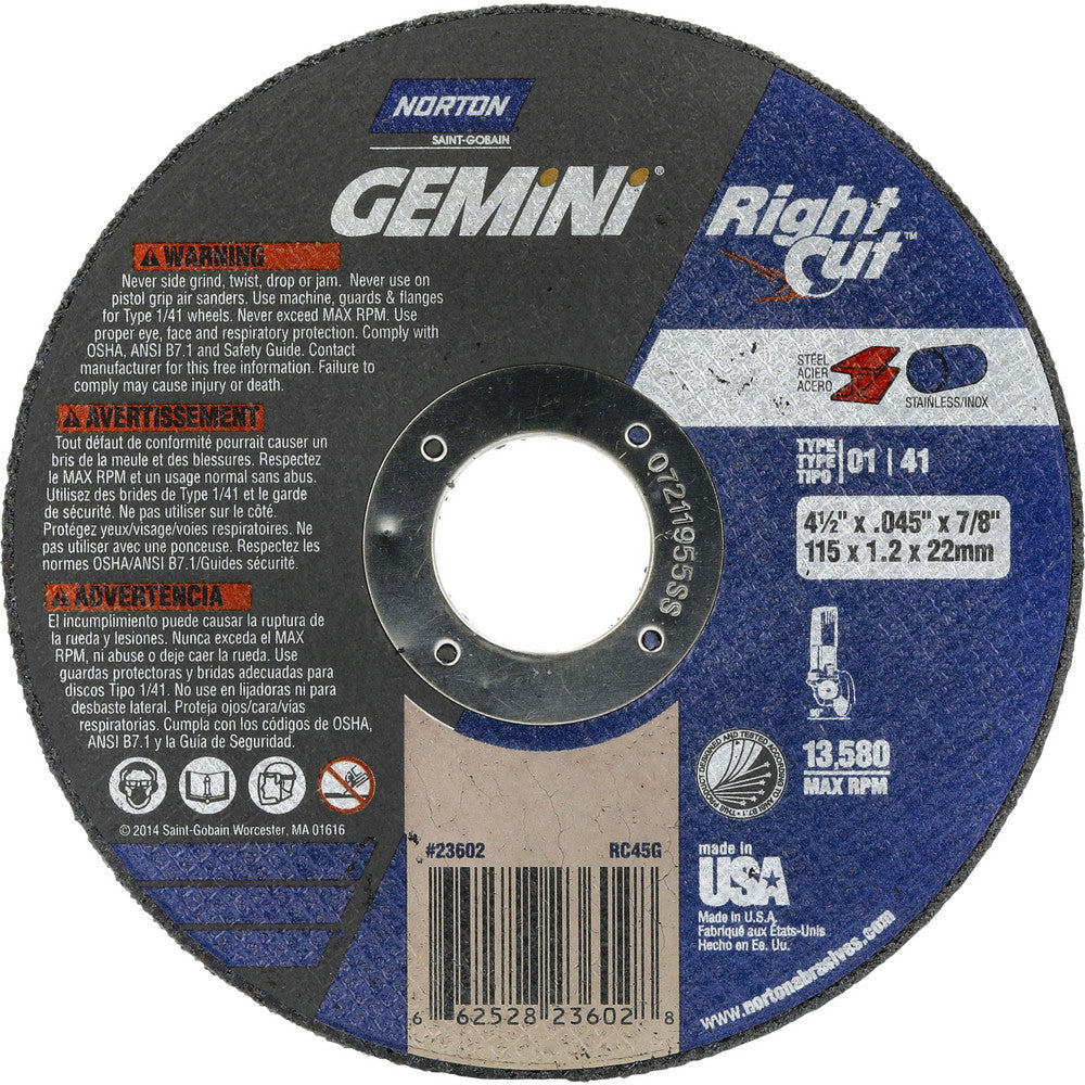 Norton 66252823602 Cutoff Wheel 4-1/2" Dia, 0.045" Thick, 7/8" Hole, Aluminum Oxide