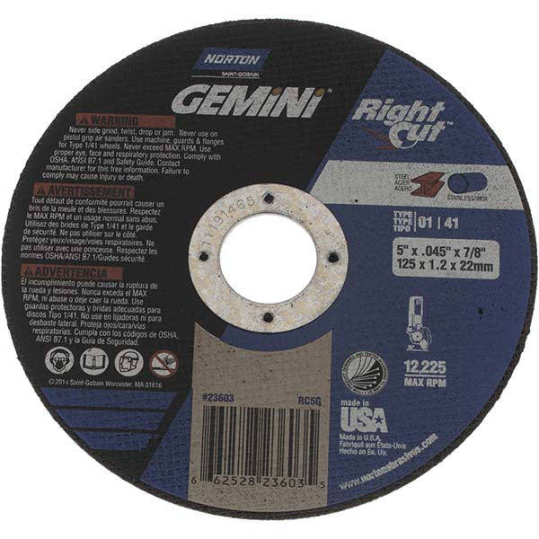 Norton 66252823603 Cutoff Wheel 5" Dia, 0.045" Thick, 7/8" Hole, Aluminum Oxide