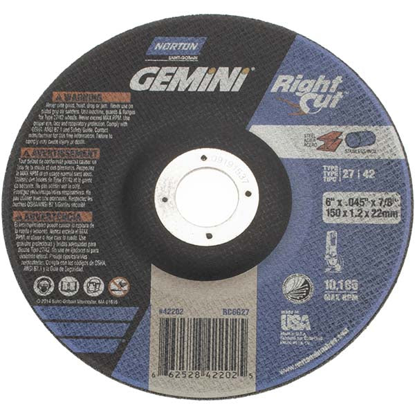 Norton 66252842202 Depressed Center Wheel Type 27, 6" Dia, 0.045" Thick, Aluminum Oxide