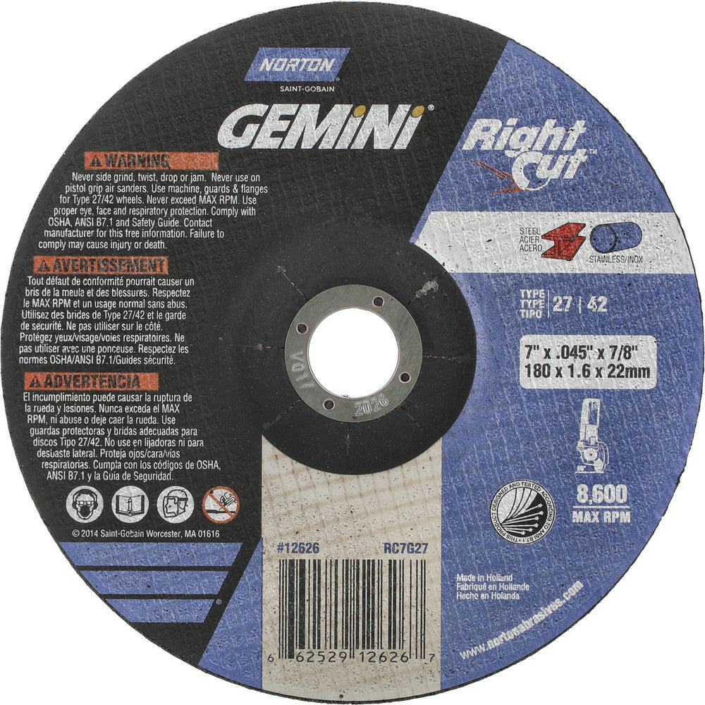 Norton 66252912626 Depressed Center Wheel Type 27, 7" Dia, Aluminum Oxide