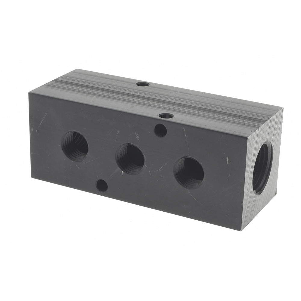 Polyconn PCM30-250-03B Manifold 1/2" Inlet, 1/4" Outlet, 2 Inlet Ports, 3 Outlet Ports, 3.75" OAL, 1.5" OAW, 1-1/2" OAH