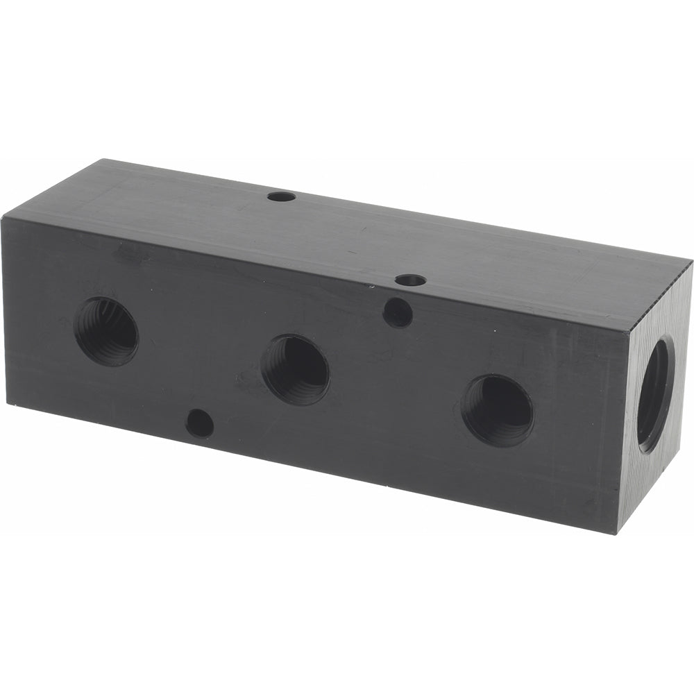 POLYCONN PCM30-250-03BW Manifold 1/2" Inlet, 1/4" Outlet, 2 Inlet Ports, 3 Outlet Ports, 4.75" OAL, 1.5" OAW, 1-1/2" OAH