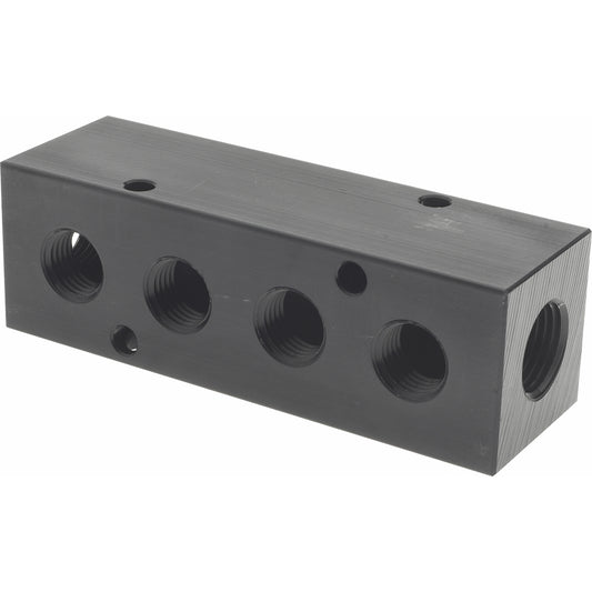 Polyconn PCM20-250-04B Manifold 3/8" Inlet, 1/4" Outlet, 2 Inlet Ports, 4 Outlet Ports, 4.12" OAL, 1.25" OAW, 1-1/4" OAH