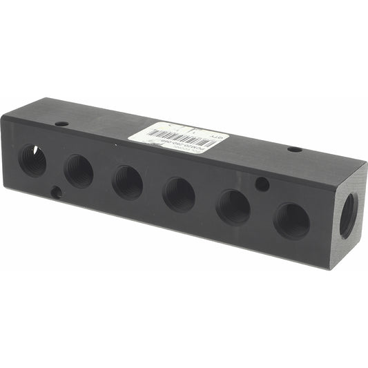 Polyconn PCM20-250-06B Manifold 3/8" Inlet, 1/4" Outlet, 2 Inlet Ports, 6 Outlet Ports, 5.88" OAL, 1.25" OAW, 1-1/4" OAH