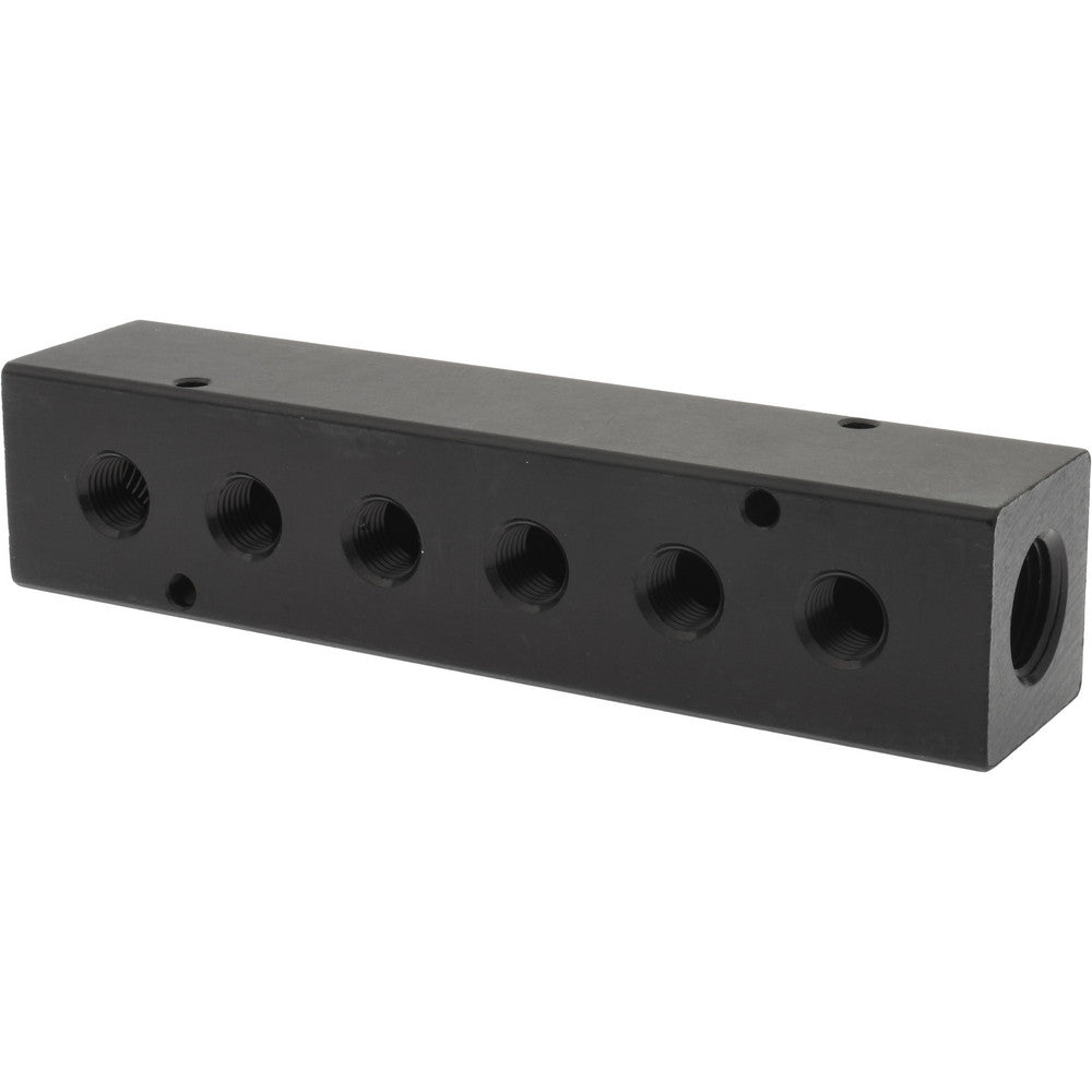 Polyconn PCM30-250-06B Manifold 1/2" Inlet, 1/4" Outlet, 2 Inlet Ports, 6 Outlet Ports, 6.75" OAL, 1.5" OAW, 1-1/2" OAH
