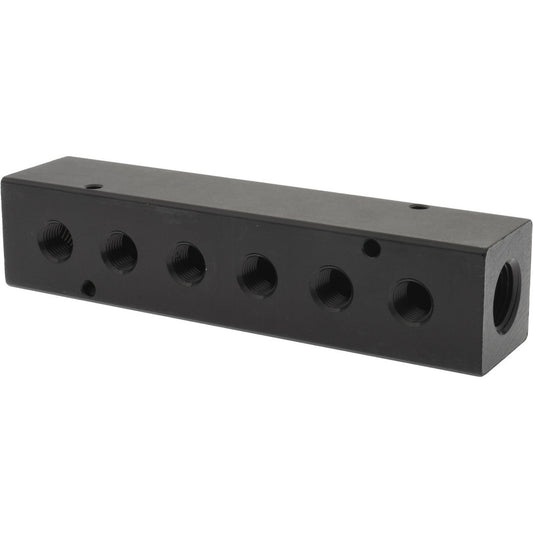Polyconn PCM30-250-06B Manifold 1/2" Inlet, 1/4" Outlet, 2 Inlet Ports, 6 Outlet Ports, 6.75" OAL, 1.5" OAW, 1-1/2" OAH