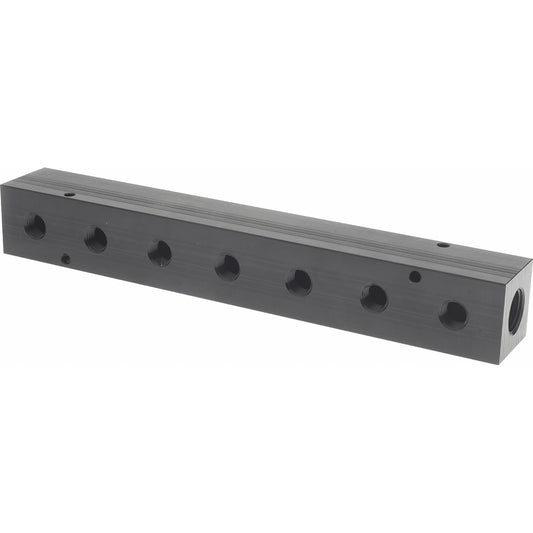 Polyconn PCM30-250-07BW Manifold 1/2" Inlet, 1/4" Outlet, 2 Inlet Ports, 7 Outlet Ports, 10.75" OAL, 1.5" OAW, 1-1/2" OAH