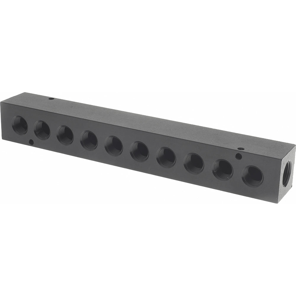 Polyconn PCM30-375-10B Manifold 1/2" Inlet, 3/8" Outlet, 2 Inlet Ports, 10 Outlet Ports, 10.75" OAL, 1.5" OAW, 1-1/2" OAH