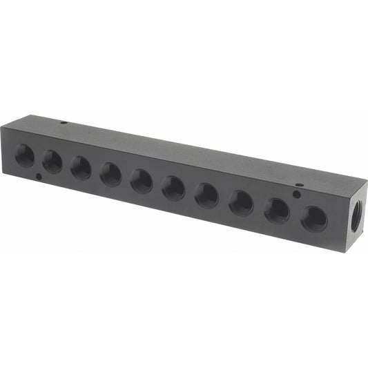 Polyconn PCM30-375-10B Manifold 1/2" Inlet, 3/8" Outlet, 2 Inlet Ports, 10 Outlet Ports, 10.75" OAL, 1.5" OAW, 1-1/2" OAH