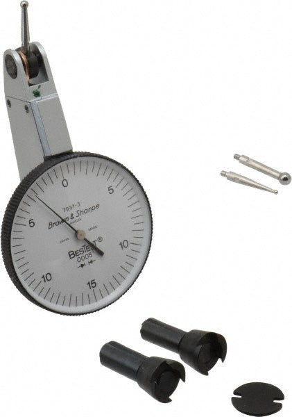 TESA Brown & Sharpe 599-7031-6 Horizontal Dial Test Indicator 0.0300" Max, 0-15-0 Dial Reading, 0.000500" Accuracy