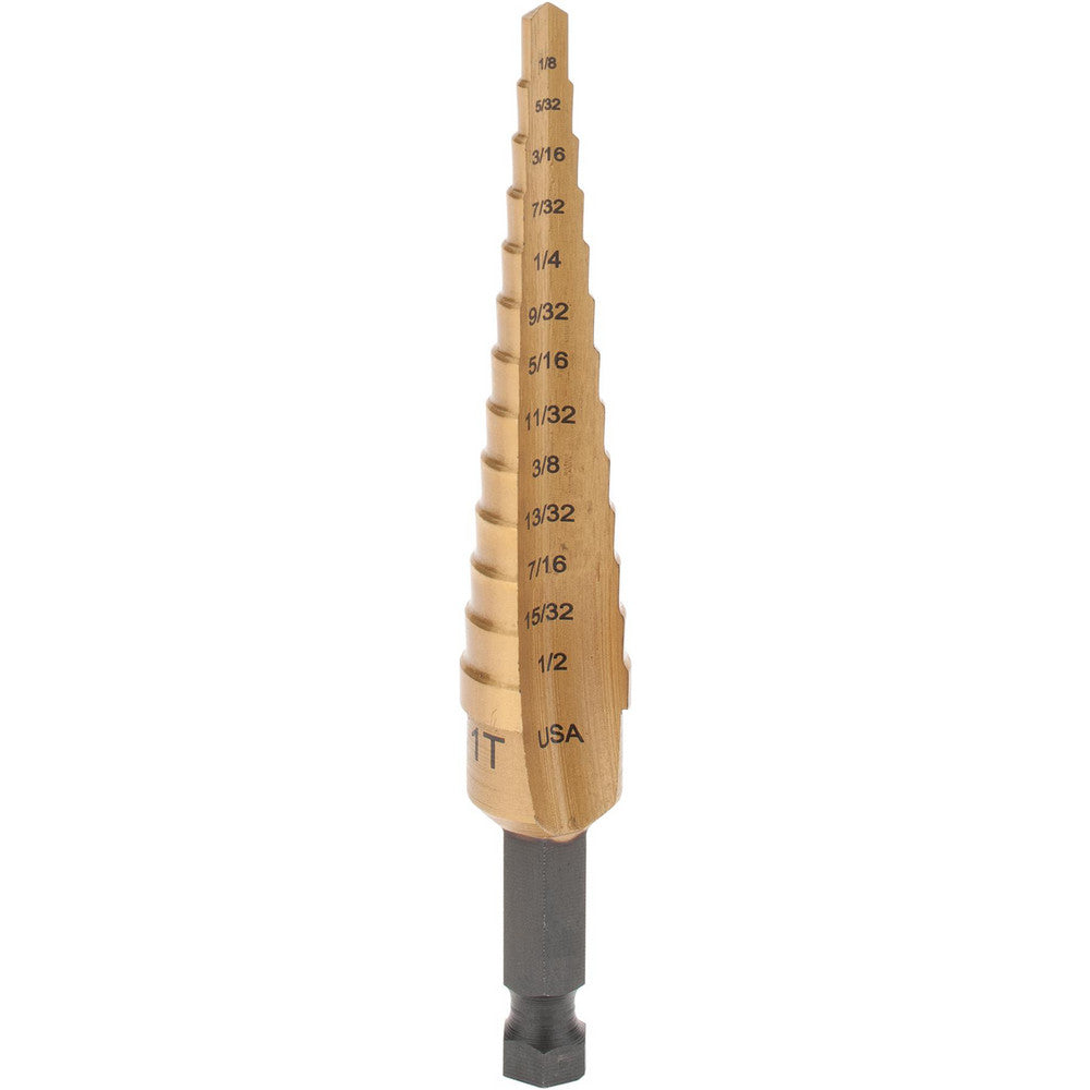 Irwin 15101ZR Step Drill Bit 1/8" Min, 1/2" Max, 1/4" Shank Dia, High-Speed Steel, 13 Hole Sizes