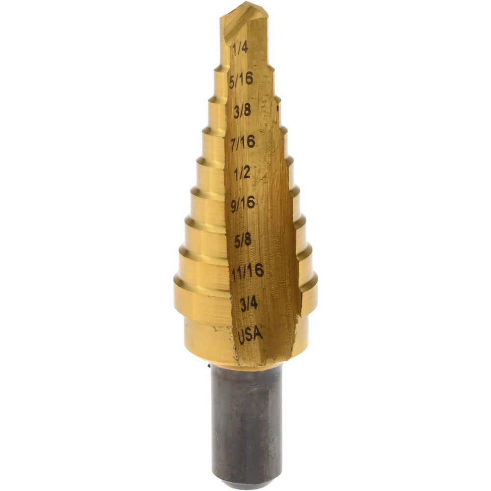 Irwin 15103ZR Step Drill Bit 1/4 to 3/4" Dia, 3/8" Shank Dia, High Speed Steel, 9 Hole Sizes