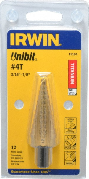 Irwin 15104 Step Drill Bit 3/16 to 7/8" Dia, 3/8" Shank Dia, High Speed Steel, 12 Hole Sizes