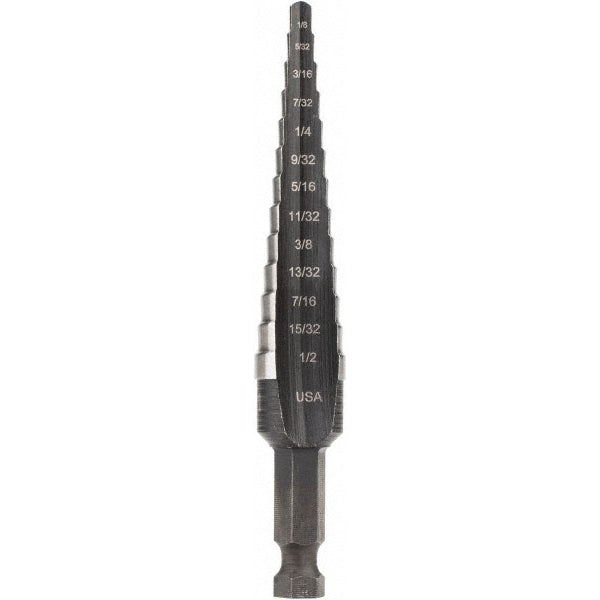 Irwin 10231 Step Drill Bit 1/8 to 1/2" Dia, 1/4" Shank Dia, High Speed Steel, 13 Hole Sizes