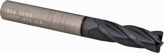 Kyocera SGS Precision Tools 38168 Corner Radius End Mill 5/16" Dia, 13/16" LOC, 0.0300" Radius, 4 Flute, Solid Carbide