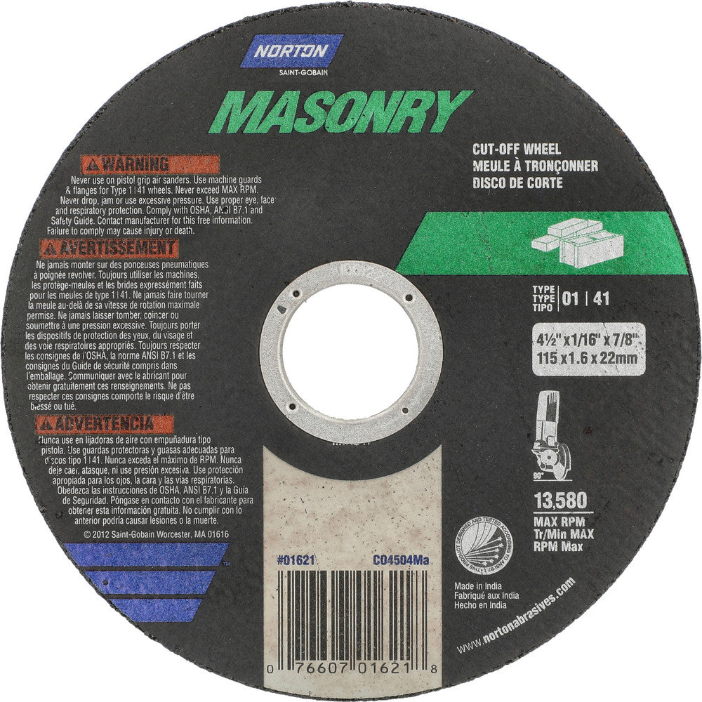 Norton 07660701621 Cut-Off Wheel 4-1/2" Dia, 1/16" Thick, 7/8" Hole, Silicon Carbide