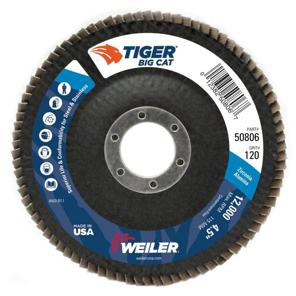 Weiler 50806 Flap Disc  4-1/2" Dia, 7/8" Hole, 120 Grit, Zirconia Alumina, Type 27