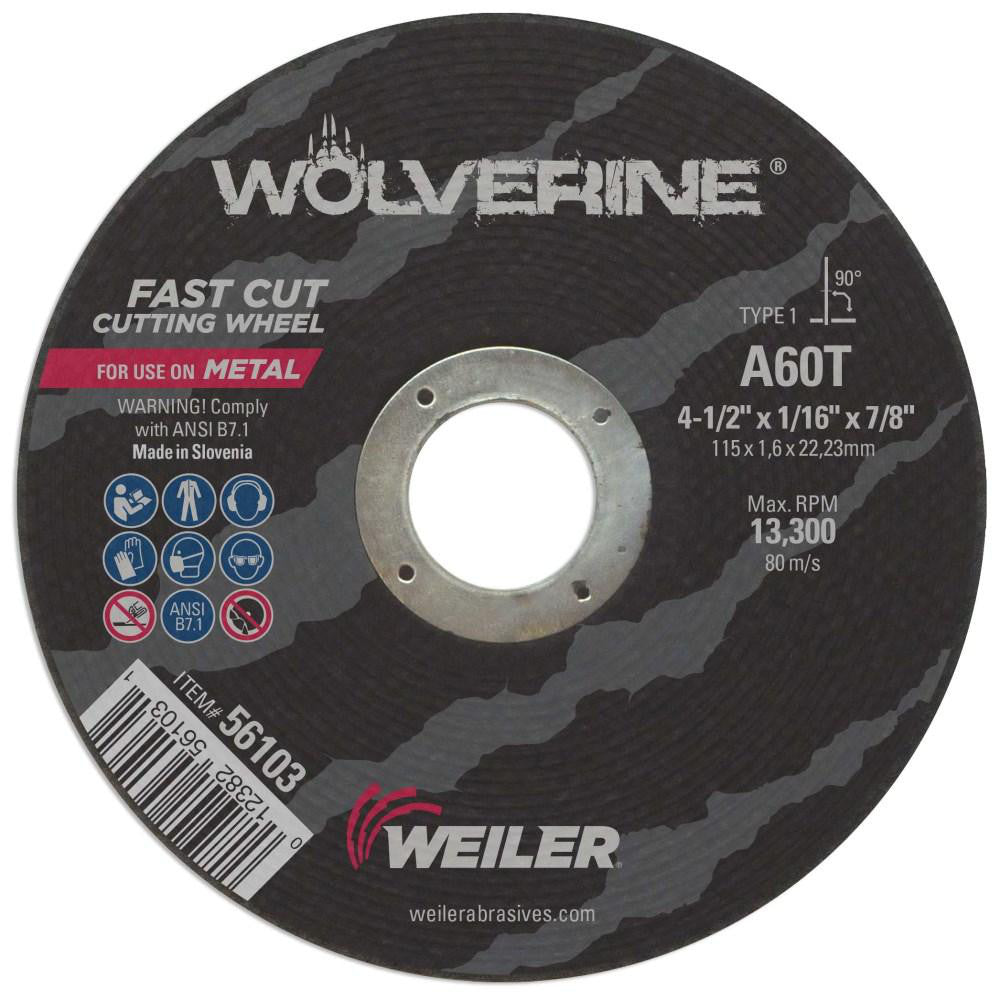 Weiler 56103 Cutoff Wheel Type 1 (01/41), 4-1/2" Dia, 0.0600" Thick, 7/8" Hole, Aluminum Oxide
