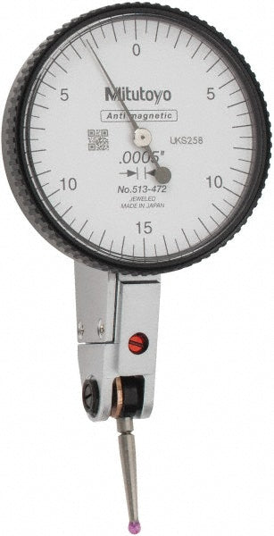 Mitutoyo 513-472-10E Horizontal Dial Test Indicator 0.0300" Max, 0-15-0 Dial Reading, 0.000500" Accuracy