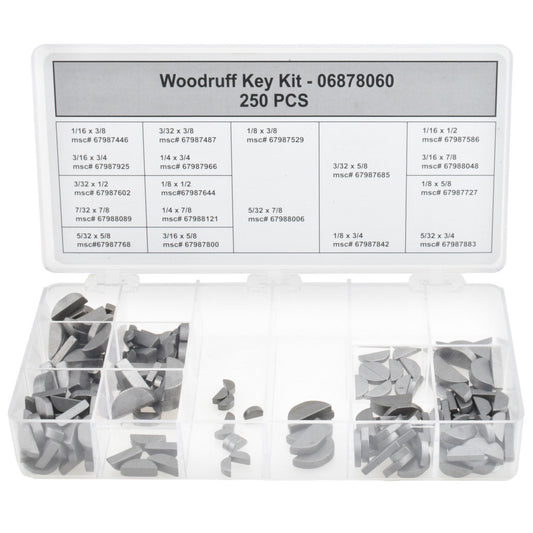 Value Collection K25002000 Key & Keyway Assortments Assortment Type Woodruff Key Assortment  Includes Assorted Woodruff Keys, Compartmented Storage Case  Number Of Pieces 250  