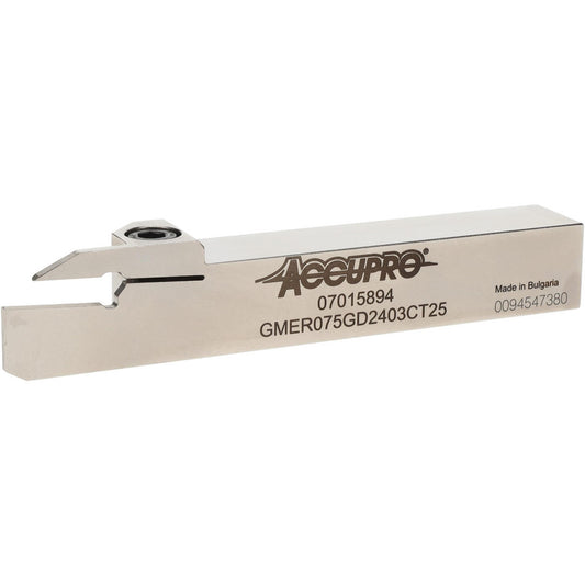 Accupro 07015894 Indexable Grooving Toolholders Toolholder Type External Grooving  Insert Seat Size 3  Hand of Holder Right Hand  Maximum Depth of Cut (Decimal Inch) 0.9853  Maximum Depth of Cut (mm) 25.00  Minimum Groove Width (Decimal Inch) 0.1181