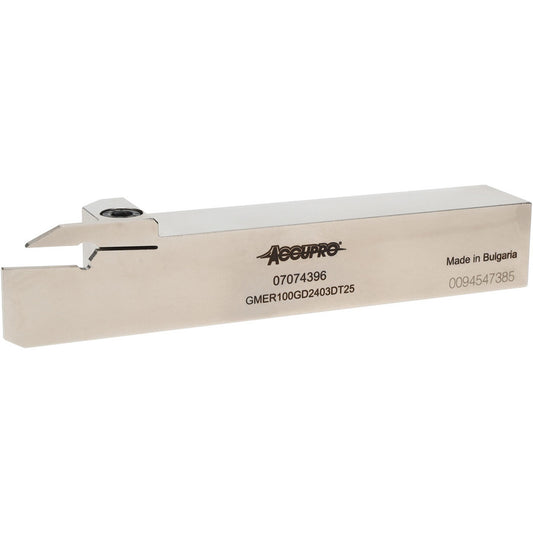 Accupro 07074396 Indexable Grooving Toolholders Toolholder Type External Grooving  Insert Seat Size 3  Hand of Holder Right Hand  Maximum Depth of Cut (Decimal Inch) 0.9853  Maximum Depth of Cut (mm) 25.00  Minimum Groove Width (Decimal Inch) 0.1181