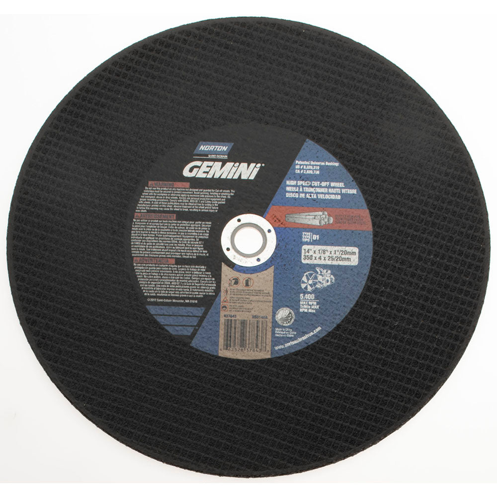Norton 66252837843 Cut-Off Wheel 14" Dia, 1/8" Thick, 1" Hole, Aluminum Oxide