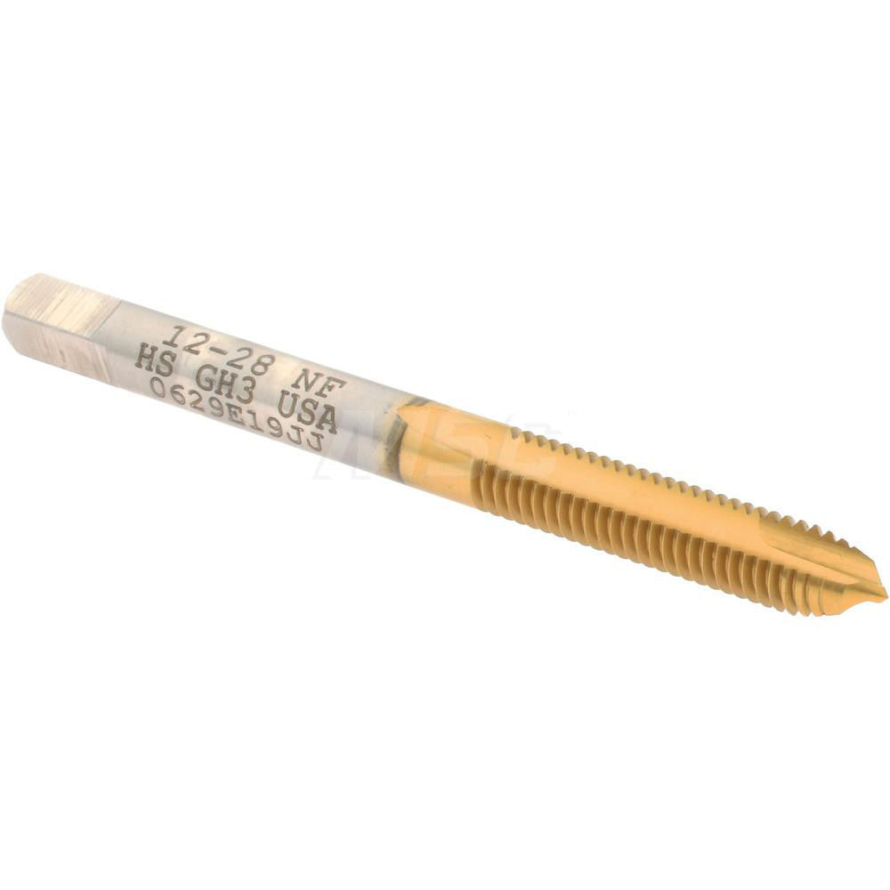 Hertel K008307AS25 Spiral Point Tap #12-28 UNF, 2 Flutes, Plug Chamfer, 2B/3B Class of Fit, HSS, TiN Coated