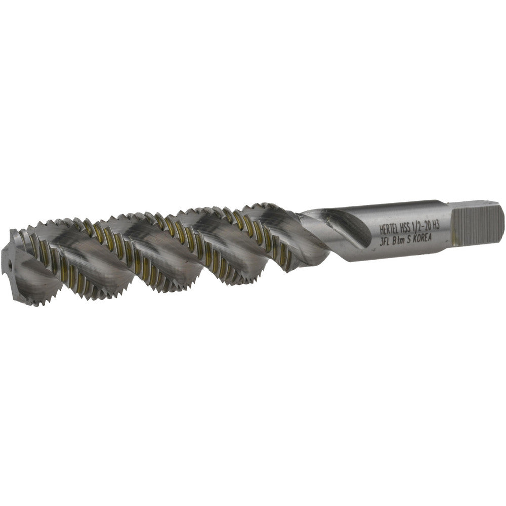 Hertel K008540AS Spiral Flute Tap 1/2-20, UNF, 3 Flute, Bottoming Chamfer, 3B Class of Fit, High-Speed Steel, Bright/Uncoated Finish