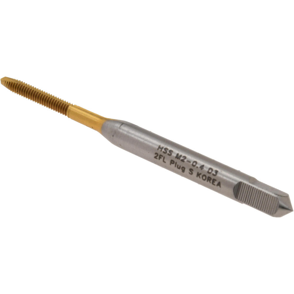 Hertel K027711AS25 Spiral Point Tap M2x0.4 Metric Coarse, 2 Flutes, Plug Chamfer, 6H Class of Fit, HSS, TiN Coated