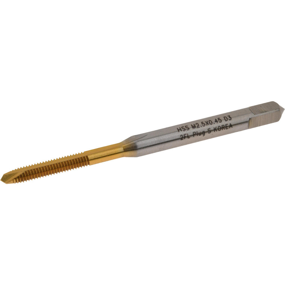 Hertel K027719AS25 Spiral Point Tap M2.5x0.45 Metric Coarse, 2 Flutes, Plug Chamfer, 6H Class of Fit, HSS, TiN Coated