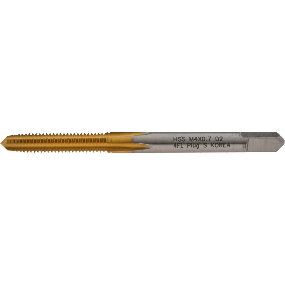 Hertel K020121AS25 Straight Flute Tap M4x0.7 Metric Coarse, 4 Flute, Plug Chamfer, High-Speed Steel, Titanium Nitride Finish