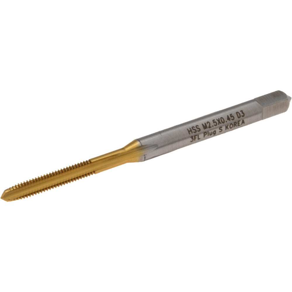 Hertel K027717AS25 Straight Flute Tap M2.5x0.45 Metric Coarse, 3 Flute, Plug Chamfer, 6H Class of Fit, High-Speed Steel, Titanium Nitride Finish