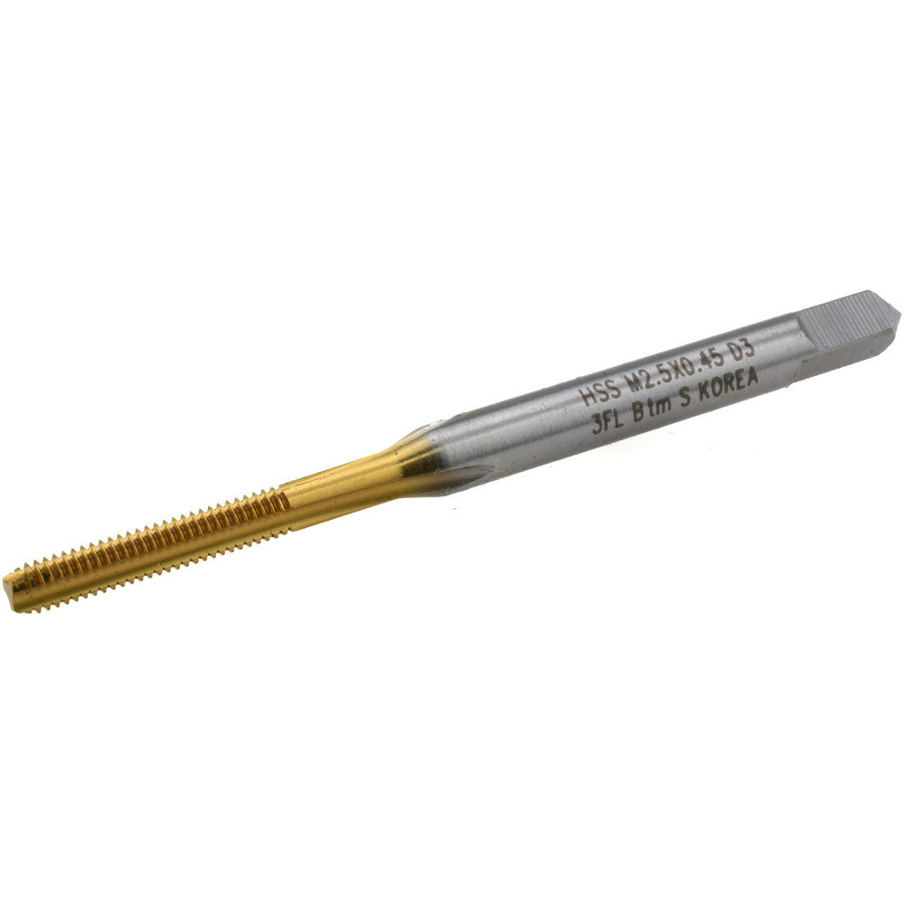 Hertel K027718AS25 Straight Flute Tap M2.5x0.45 Metric Coarse, 3 Flute, Bottoming Chamfer, 6H Class of Fit, High-Speed Steel, Titanium Nitride Finish