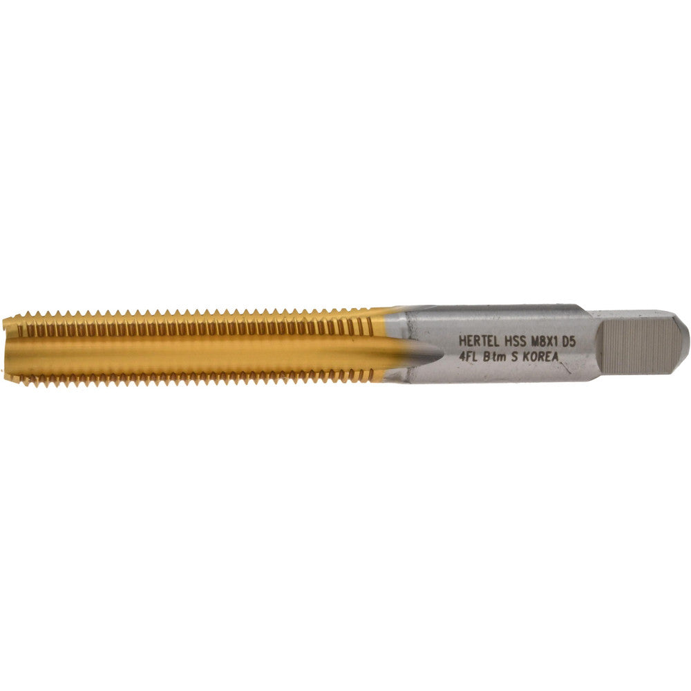 Hertel K027754AS25 Straight Flute Tap M8x1 Metric Fine, 4 Flute, Bottoming Chamfer, High-Speed Steel, Titanium Nitride Finish
