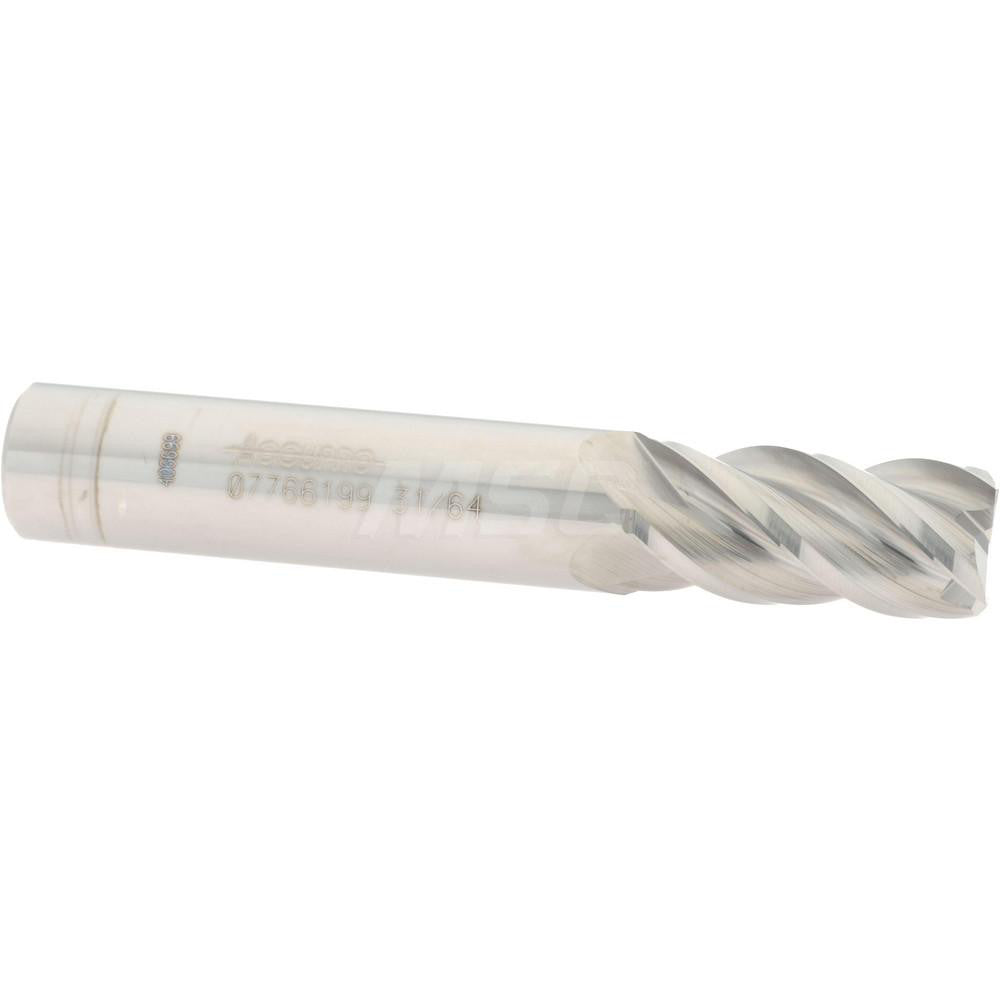 Accupro 07766199 Square End Mill 31/64'' Dia, 1'' LOC, 1/2'' Shank Dia, 3'' OAL, 4 Flutes, Solid Carbide