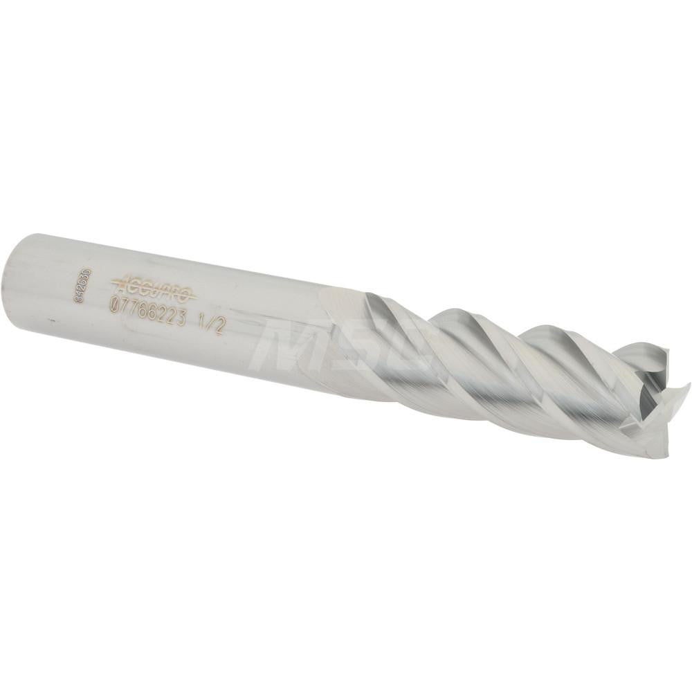 Accupro 07766223 Square End Mill 1/2'' Dia, 1-1/2'' LOC, 1/2'' Shank Dia, 3-1/2'' OAL, 4 Flutes, Solid Carbide