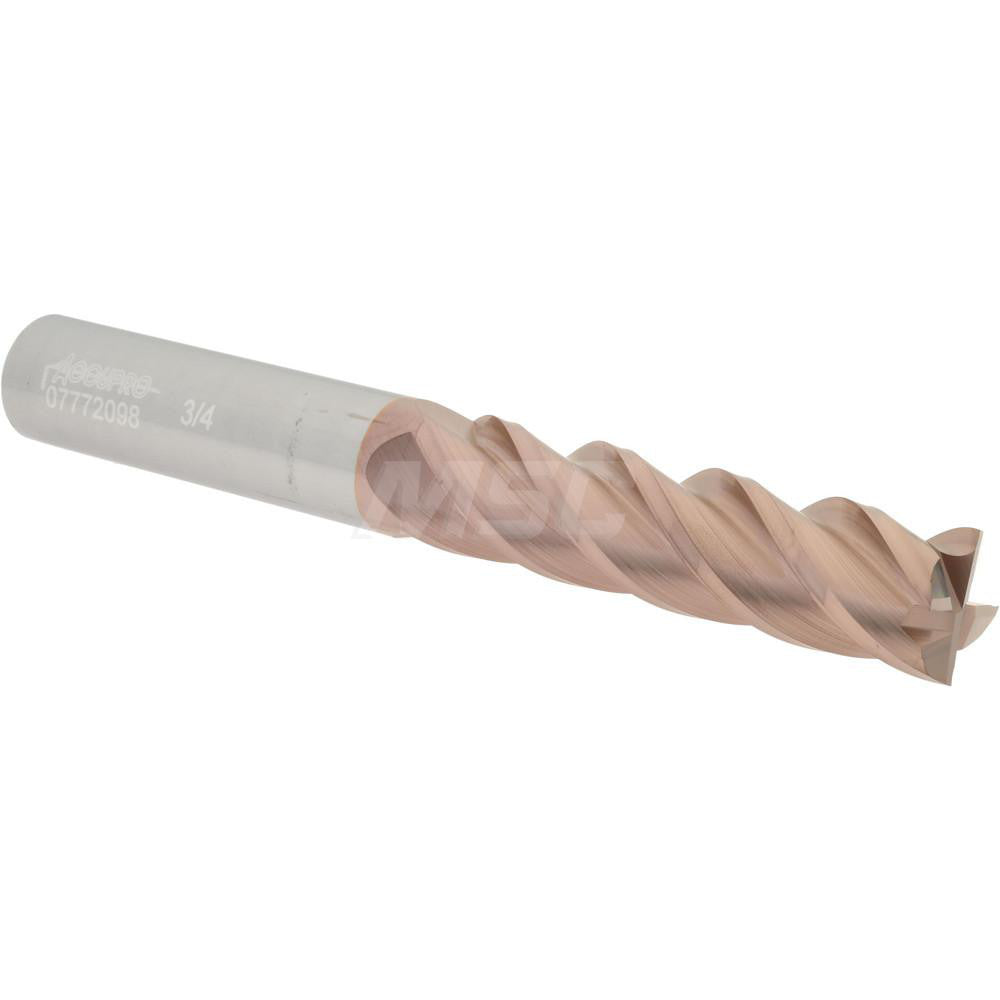 Accupro 07772098 Square End Mill 3/4'' Dia, 3'' LOC, 3/4'' Shank Dia, 6'' OAL, 4 Flutes, Solid Carbide