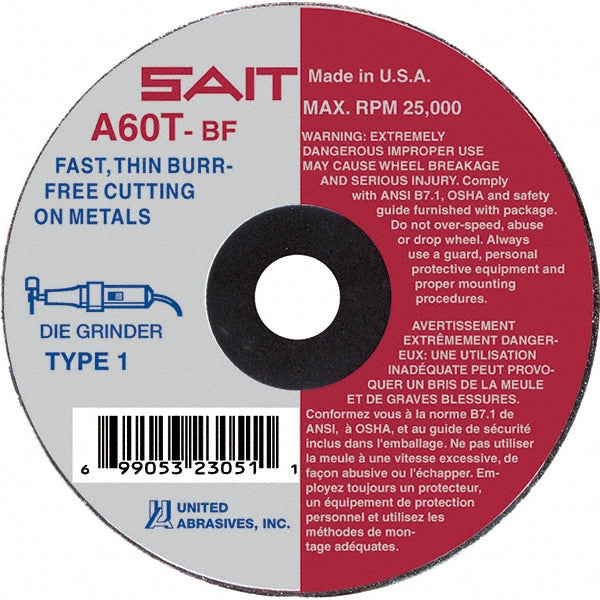 Sait 23051 Cutoff Wheel Type 1 (01/41), 3" Dia, 0.0350" Thick, 3/8" Hole, Aluminum Oxide