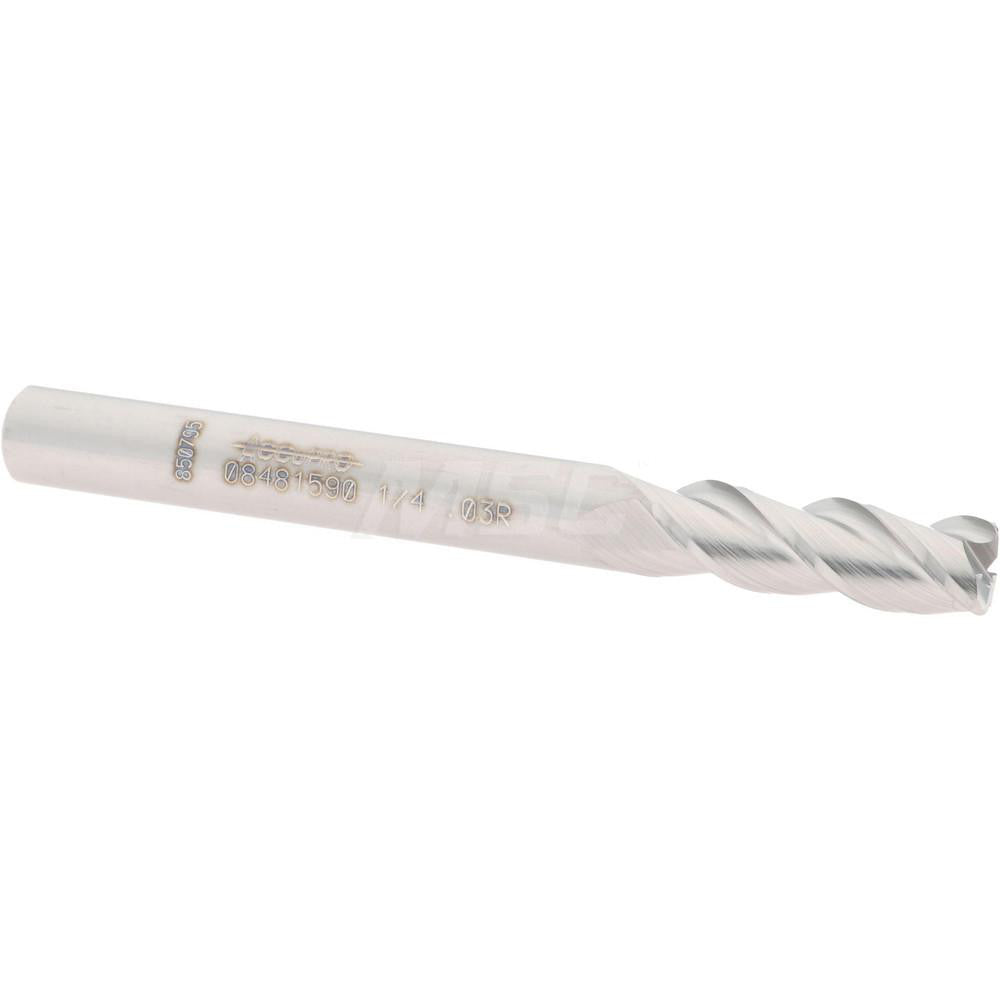 Accupro 08481590 Corner Radius End Mill 1/4" Dia, 3/4" LOC, 0.03" Radius, 3 Flutes, Solid Carbide